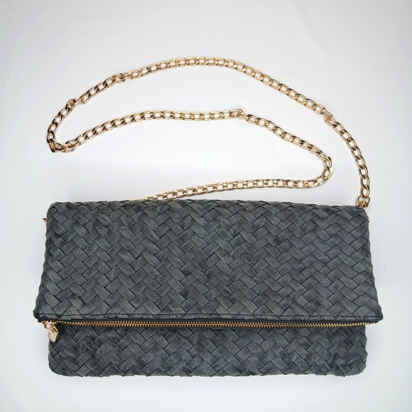 Deux Lux Handbags - Deux Lux Weaved Crossbody Madison Foldover Black Gold Clutch